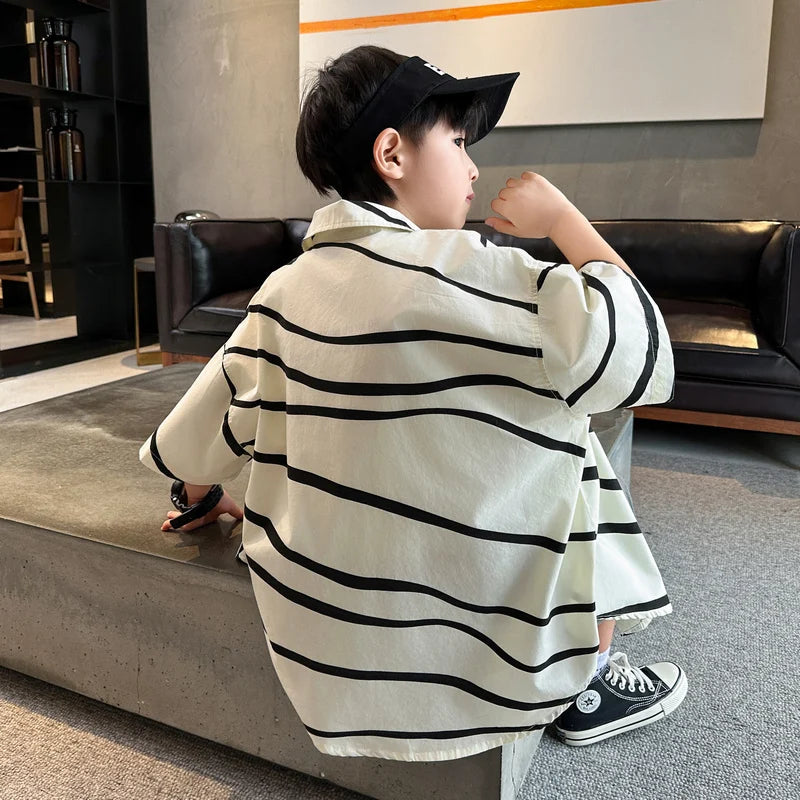 New Kids Designer Asymmetrical Striped Shirts For Boys Summer Short Sleeve Cotton Blouse Top Kids Outfits Teenage Clothes 5-14Y