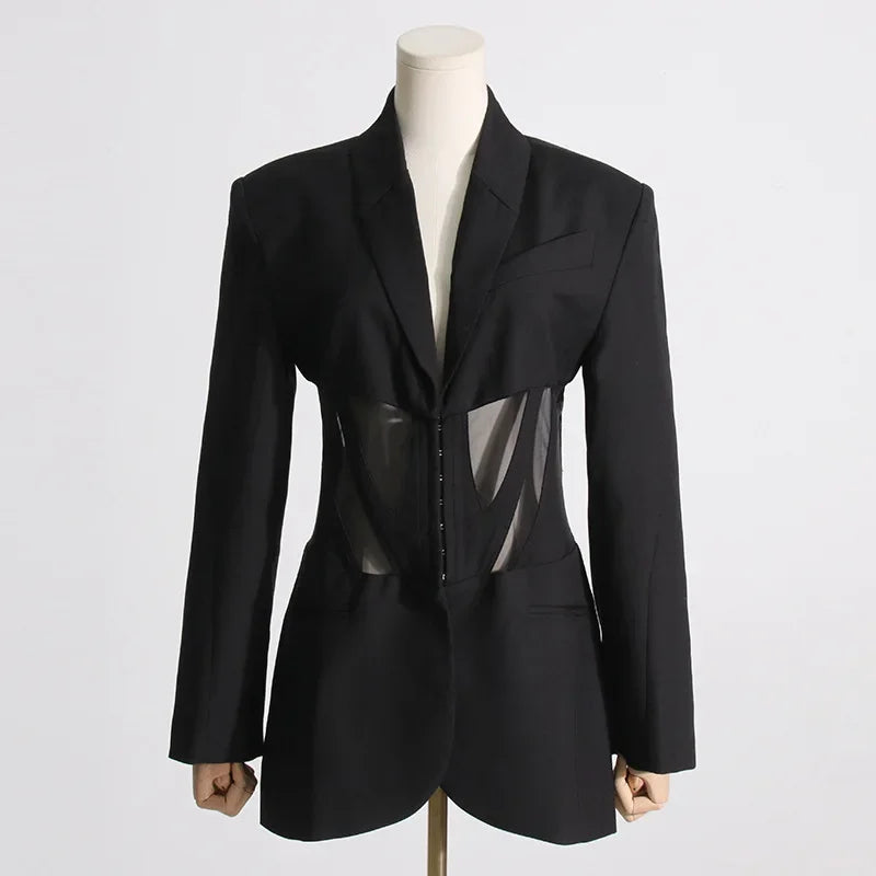 Women's Casual Fishbone Blazers, Long Sleeve, Loose Coats, Autumn Slim-Fit, See-through Outerwear, Korean Style