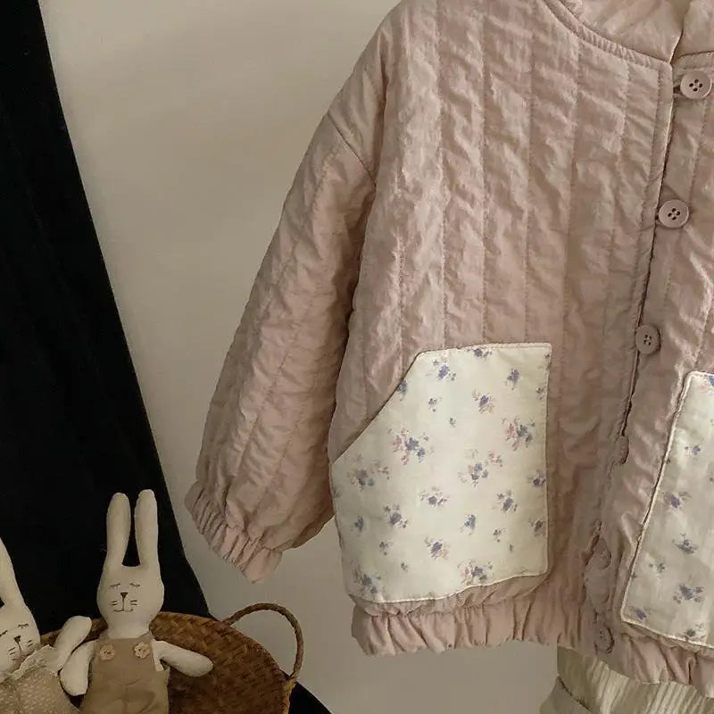 Children's Clothing Double-sided Jacket Autumn and Winter New Baby Pink and White Spliced Stand Up Collar Cotton Jacket Set