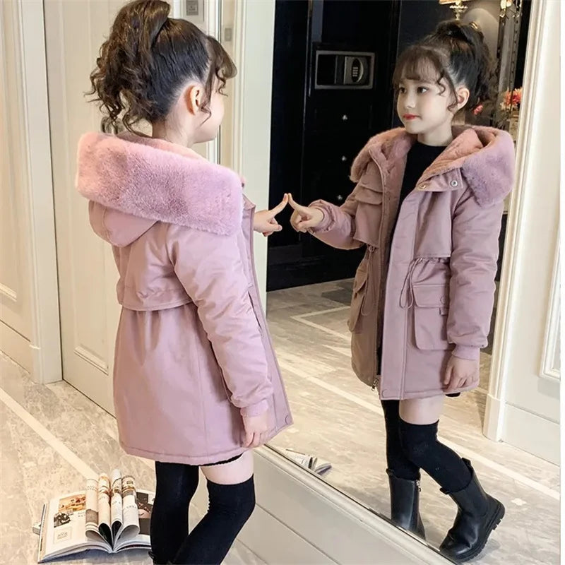 Thicken Girls Jackets Plush Velvet Fur Collar Kids Coats Children's Winter Warm Hooded Outerwear Teenager Fashion Padded Parka