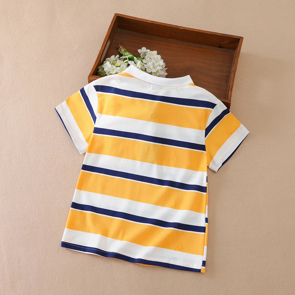 Boys Striped Polo Shirts 5-12 Years Kids Summer Short Sleeve Lapel T-Shirt Casual Badge Top Children School Uniform Tee