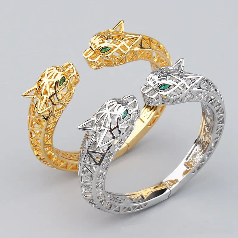 Europe America Style Men Women Lady Plated Gold Color Inlay Cubic Zircon Hollow Out Green Eyes Double Leopard Open Ring Bracelet