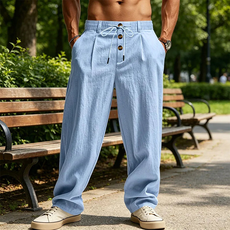 Men's Linen Pants Casual Loose Wide Leg Trousers Elastic Waist Drawstring Summer Beach Pants Lightweight Breathable