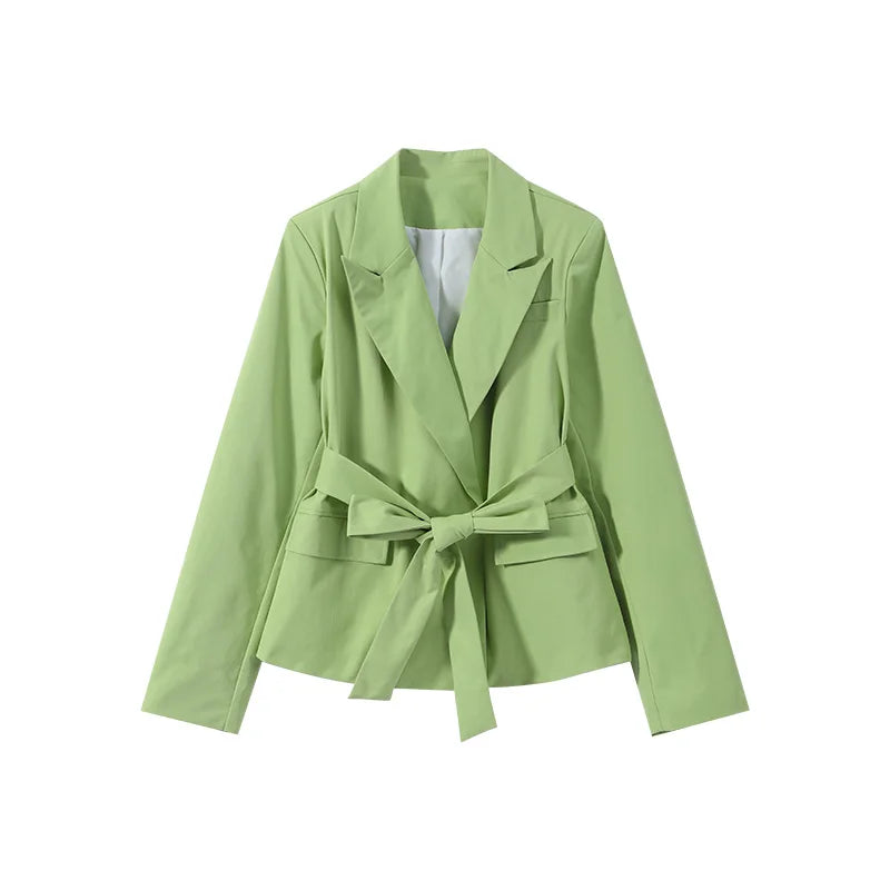 Elegant Solid Women's Blazer Skirts Suit Full Sleeve Lapel Belt Coat Slim Long Skirt Lady Set 2026 Autumn Office Green Set Lady