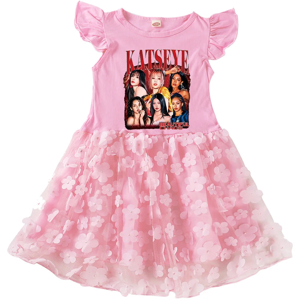 KATSEYE Kpop Clothes Kids Cartoon Summer Dress&bag Baby Girls Fly Sleeve Casual Dresses Girl Sequin Mesh Party Princess Vestidos