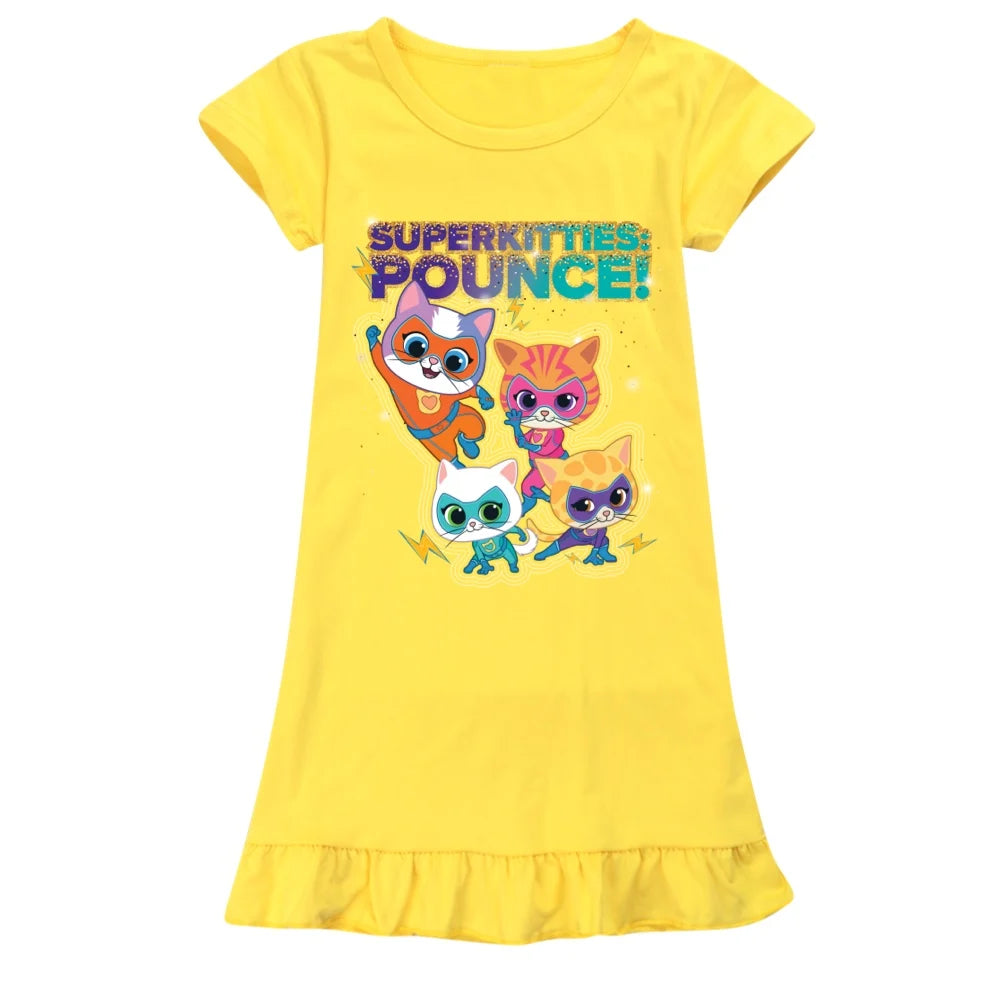 Kids Dresses for Girls Super Kitties Nightdress Summer Clothes Cartoon Nightgown Short-sleeved Pajamas Baby Children Homewear