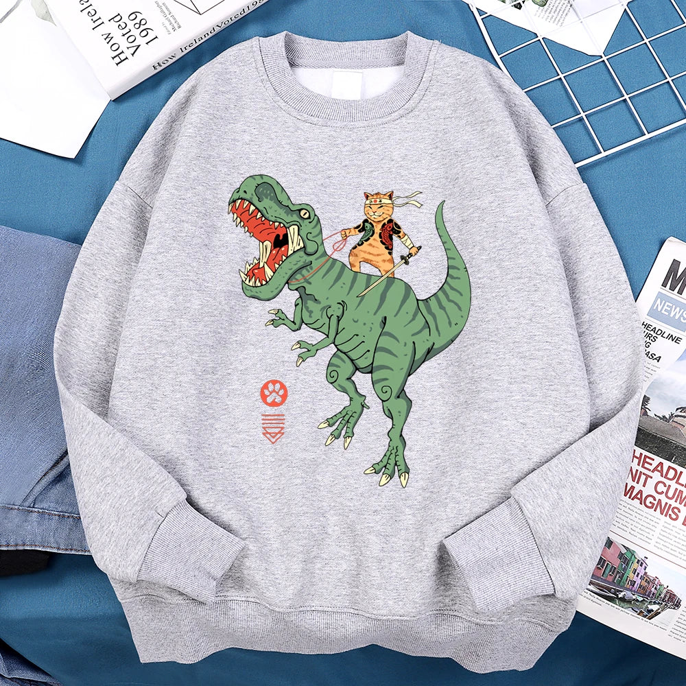 Japanese Harajuku Riding Dinosaur Cat Men Women Hoodie Fashion Fleece Hoodies Autumn Casual Clothing Fleece Oversized Streetwear