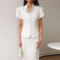 Elegant Fitted Shirts Women V Neck Lace Patchwork Single Breasted Puffy Short Sleeves Solid Blouse Female 2026 Spring New Tops