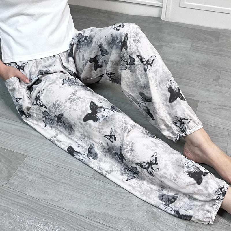 Cool Summer New Silk Cotton Spwear Loose Women's Wide Leg Pants Home Wear Floral Print Heat Resistant Comfortable Casual T...