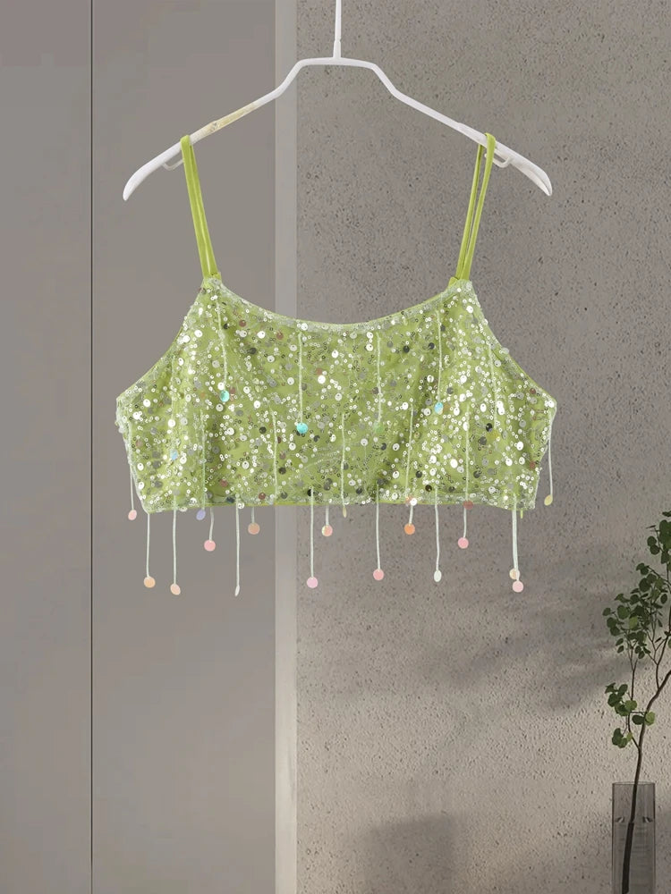 Sexy Beach Tassel Skirts Outfits Women Sequin Backless Sleeveless Shiny Ibiza Sets Female 2025 Spring Summer Chic Festival Suit