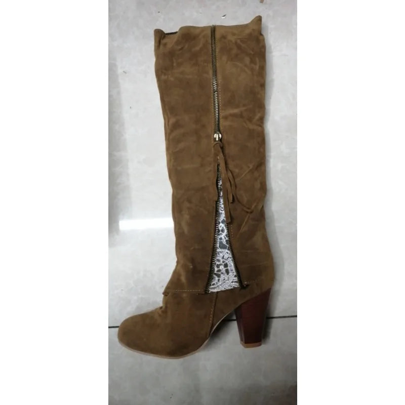 2025 New Women Boots Fringed Women's Shoes Winter Flock Knee High Boots Fold Over Design Lace Side Zipper Designer Shoe 34-43