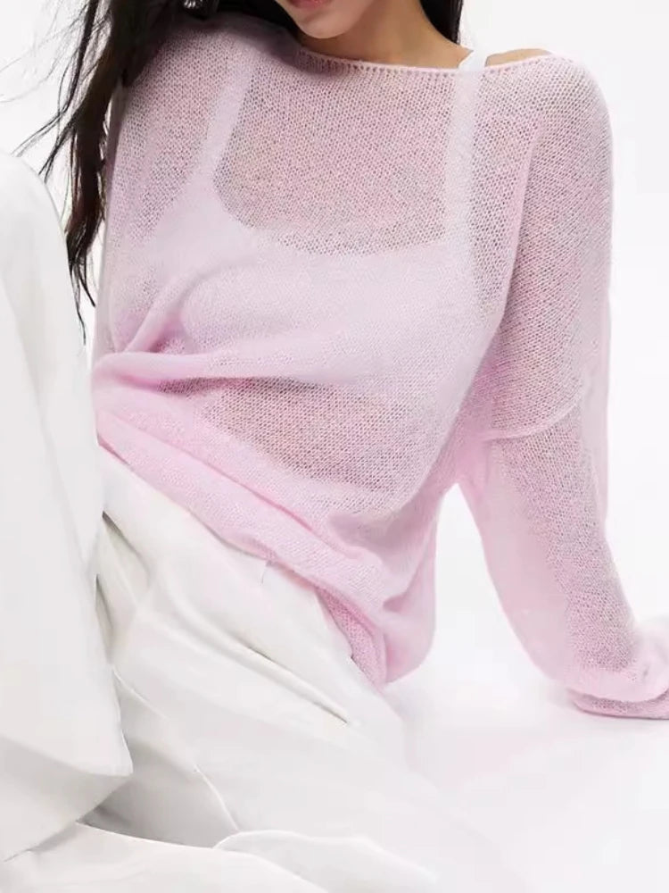 Spring Summer Hollow Knitted Oversized Sweater T Shirt Round Neck Long Sleeves Tops Loose Elegant Pullover for Women Clothing
