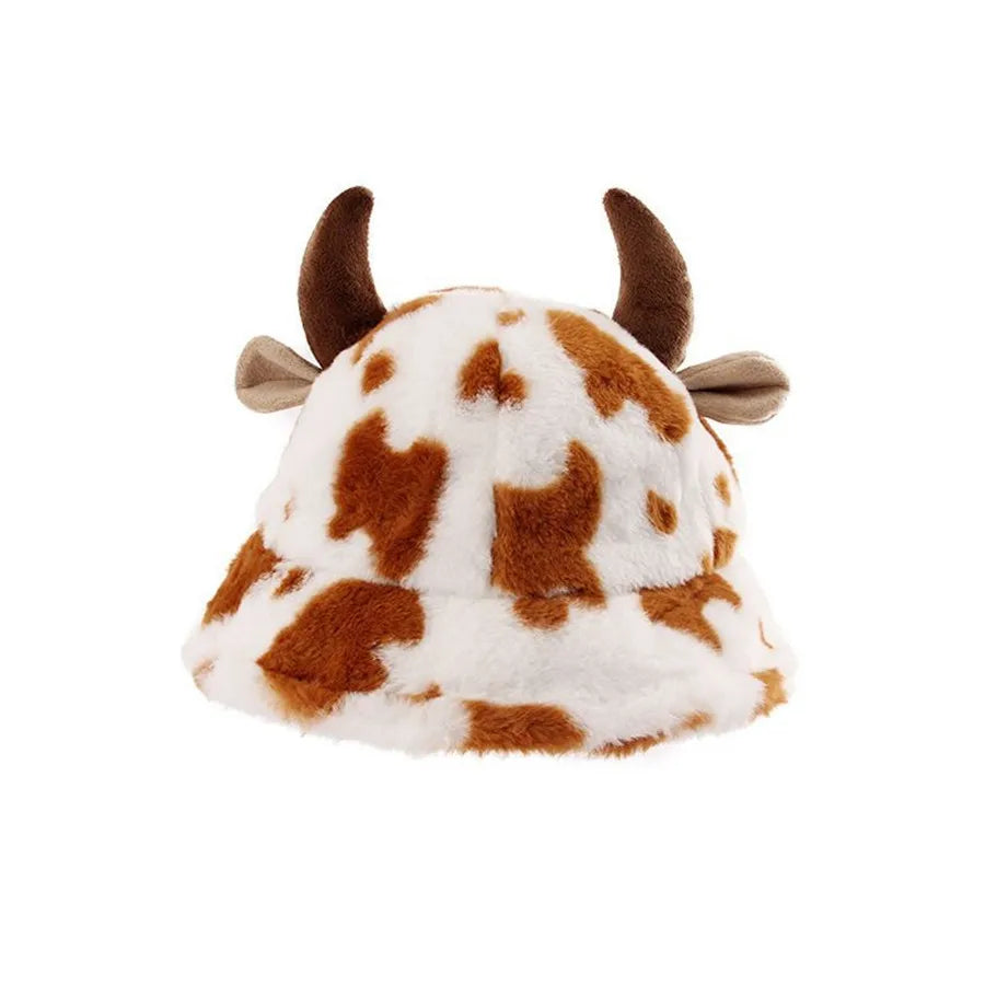 Women's Cow Print Horn Fisherman Hat - Korean Style, Fleece-Lined, Thickened & Warm Bucket Hat for Winter