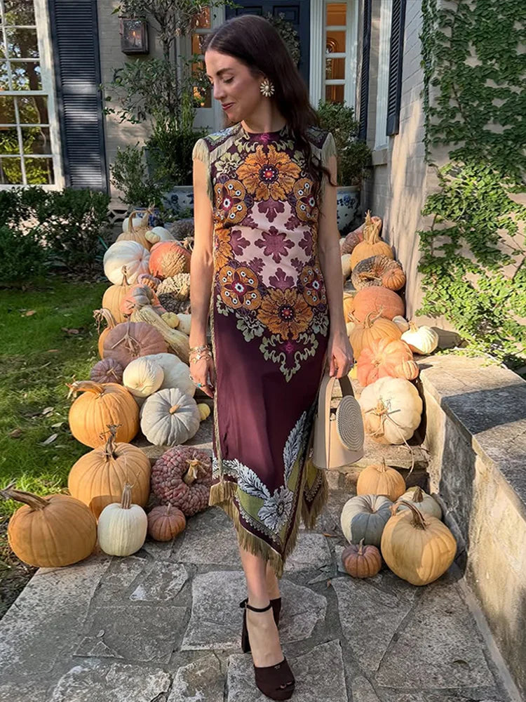 Fashion Tassel Patchwork Floral Printed Dresses Elegant Sleeveless Female Irregular Dresses 2026 Summer Lady Beach Party Robes