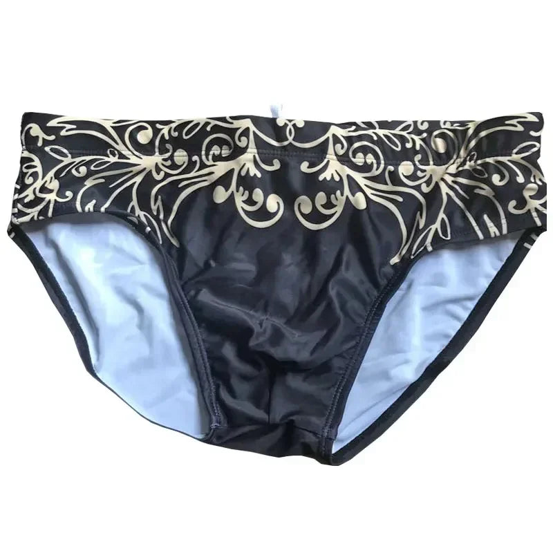Black Swiwear Men Retro Gold Leaf Print Swim Briefs Mens Swimming Trunks Beach Shorts Surffing Short Male Bikini Swimsuits Man