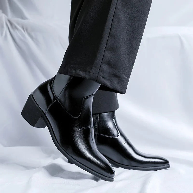 Men's Boots Leather Chelsea Boots British Style High Top Ankle Boots Zipper Pointed Toe Shoes Outdoor Business Male Dress Shoes