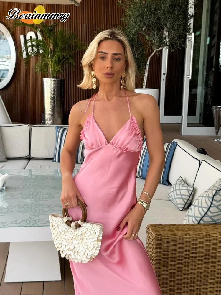Elegant Satin Pink Women's Long Dresses Fashion Sleeveless Backless Slim Fit Hem Midi Dress Summer Female Holiday Robes 2026