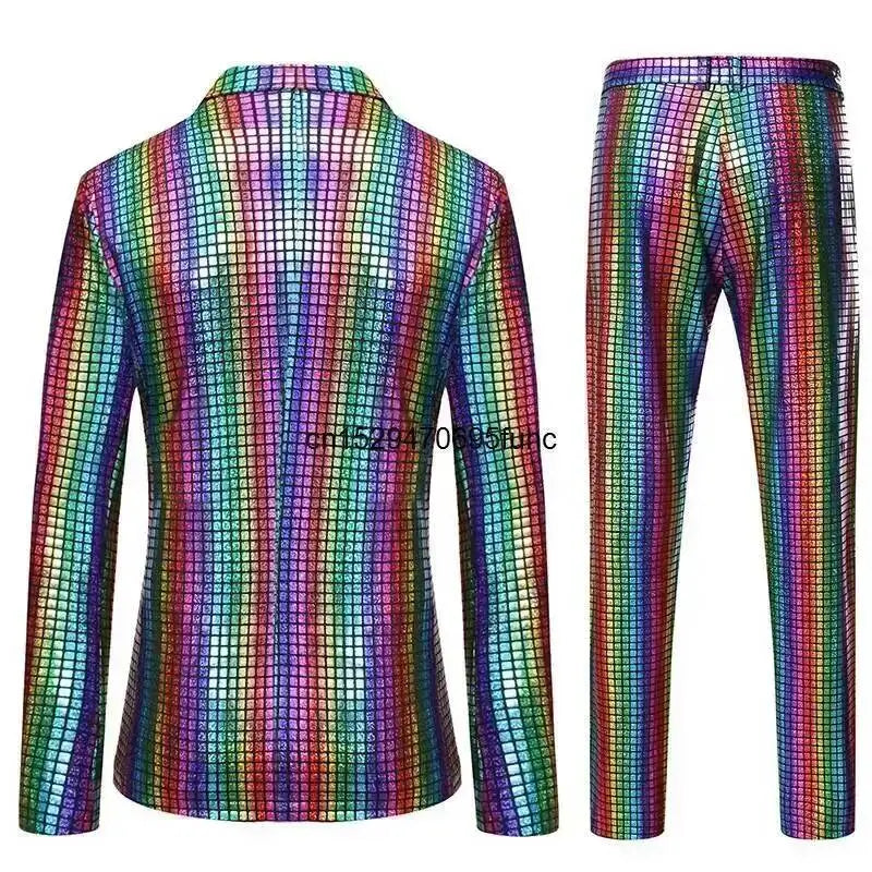 Shiny Mens Stage Prom Suits Rainbow Plaid Sequin Jacket Pants Men Dance Festival Christmas Halloween Party Costume Homme