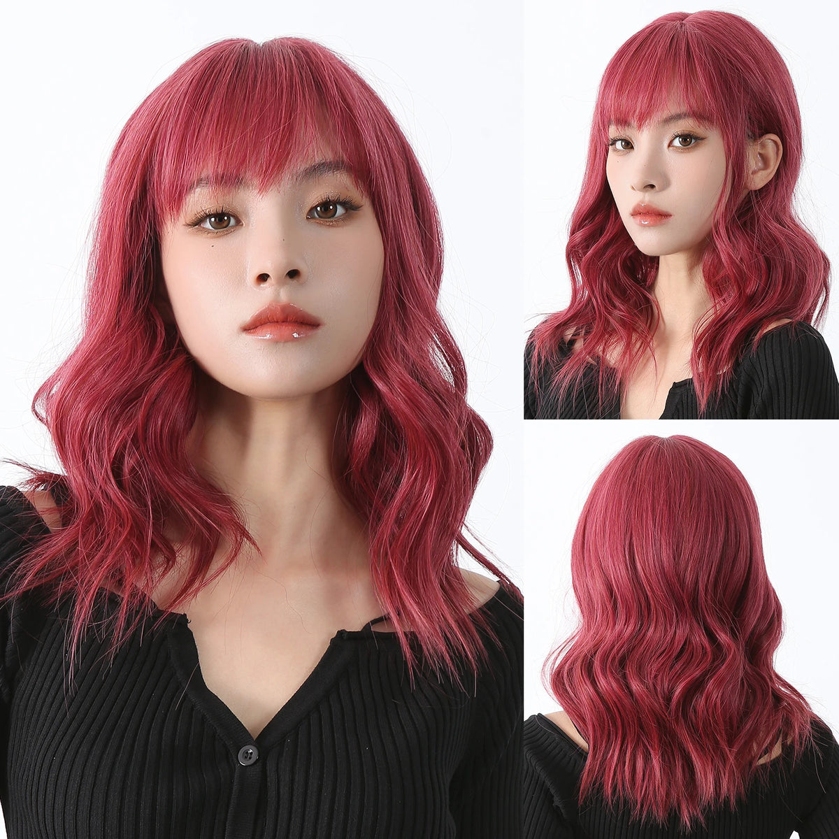 Short Curly Wavy Wigs with Bangs Deep Red Colorful Synthetic Wig Cosplay Hair for Women Party Halloween Hairs High Temperature