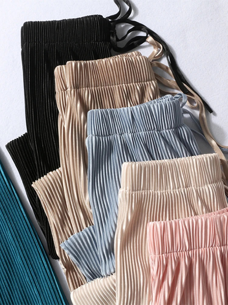 Summer Wide Leg Pants For Women Casual Elastic High Waist 2020 New Fashion Loose Long Pants Pleated Pant Trousers Femme
