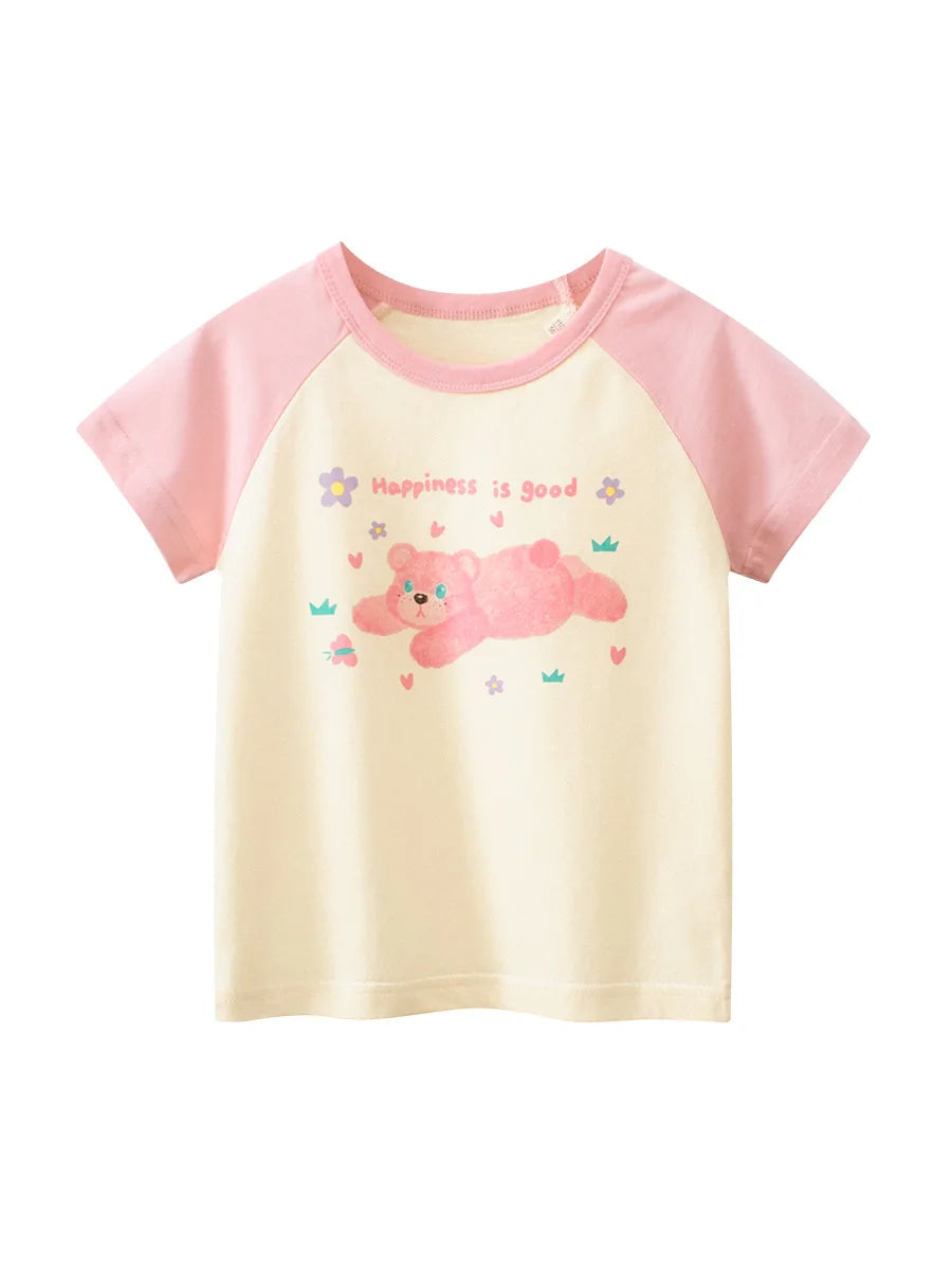 2024 Children T-Shirts Clothes for Girls 100% Cotton Bear Rabbit Flowers Cartoon Kids Girls Short Sleeve Casual Sport Top Tees