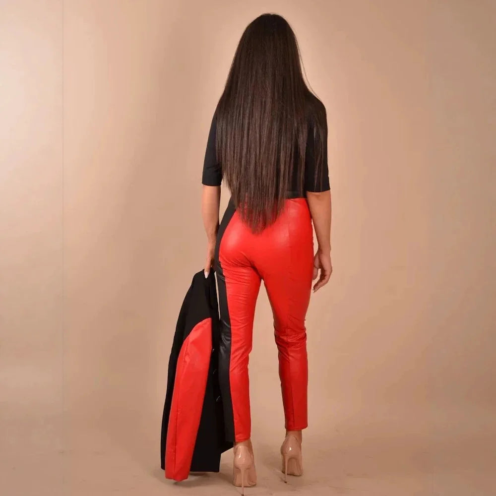 Women's Casual Leather Pants Sexy Splice High Waist Casual Trousers Club Party Costume