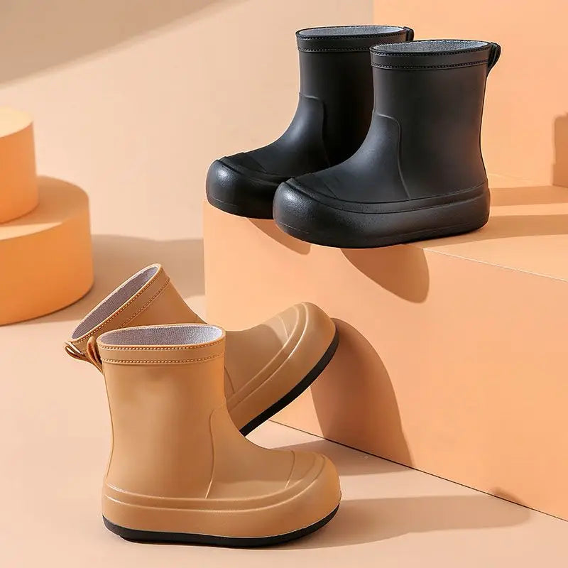 Children Cute Cartoon Rain Boots Solid Color Minimalist Non Slip Waterproof Outdoor Shoes Soft Sole Rubber Footwear New Arrival