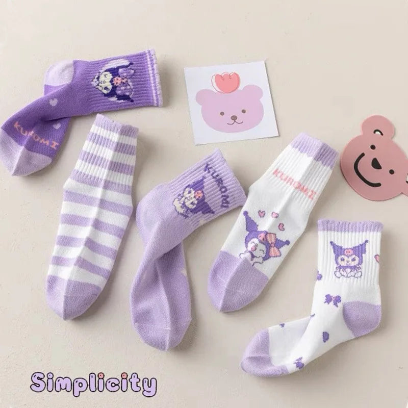 5 Pairs Kuromi Kids Socks Autumn Winter Cute Cartoon Crew Socks for Girls Kawaii Socks