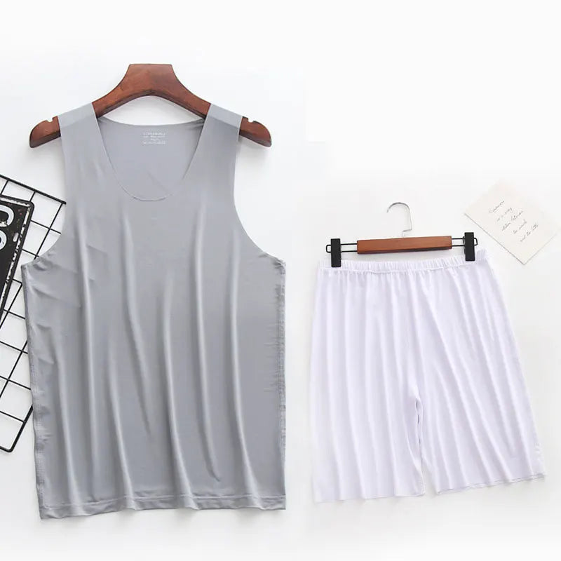 Mens Ice Silk T-Shirt & Short Pants 2Pcs Pijamas Sleep Set Ultra-thin Homewear Clothing Summer Pyjamas Sleepwear Nightwear Suit