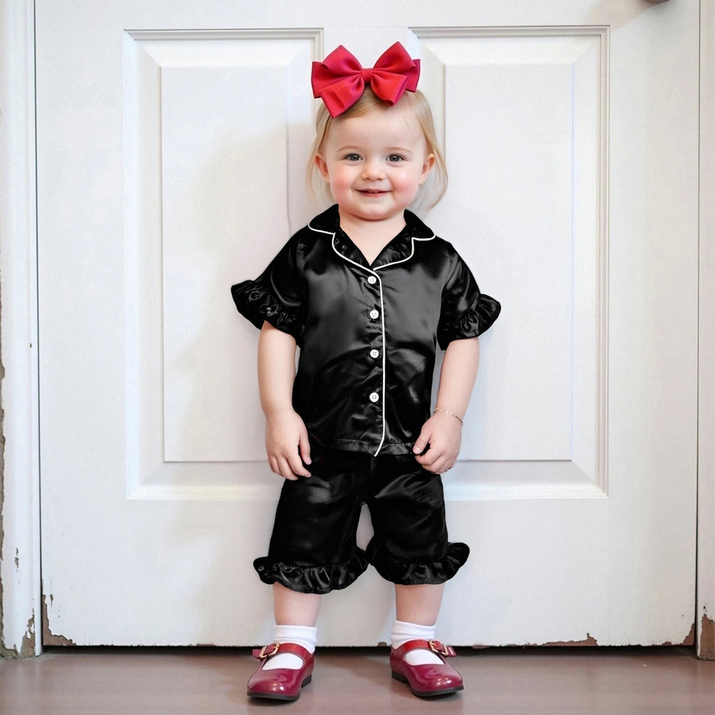 Toddler Girls Pajamas Sets Fashionable Ruffled Lapel V Neck Short Sleeve Tops with Solid Color Shorts 2Pcs Sleepwear