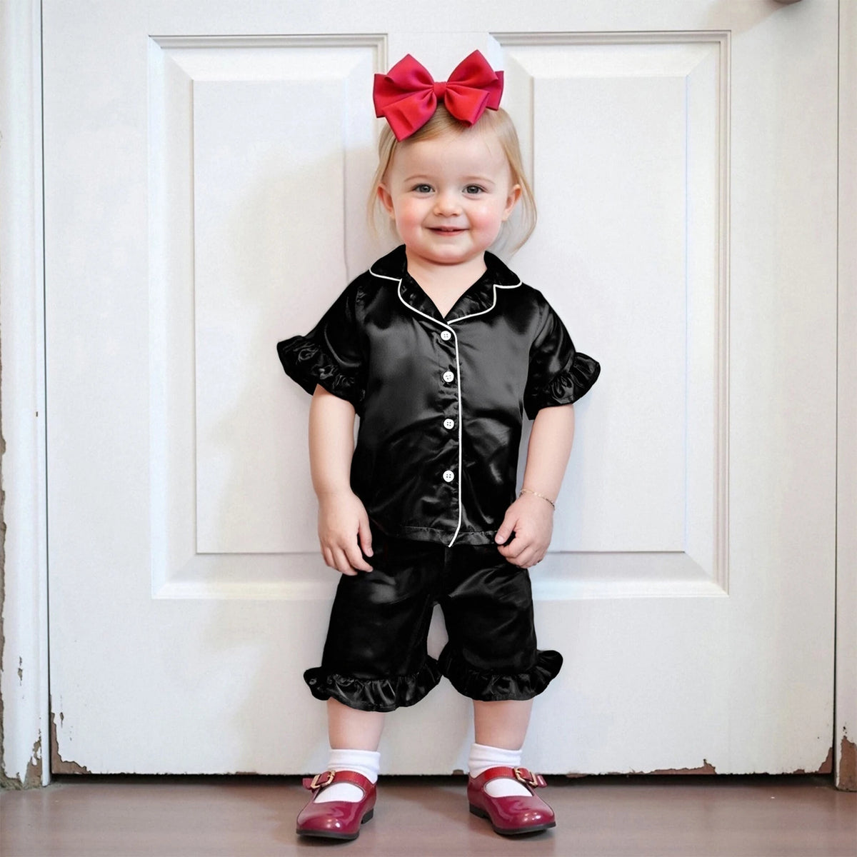 Toddler Girls Pajamas Sets Fashionable Ruffled Lapel V Neck Short Sleeve Tops with Solid Color Shorts 2Pcs Sleepwear