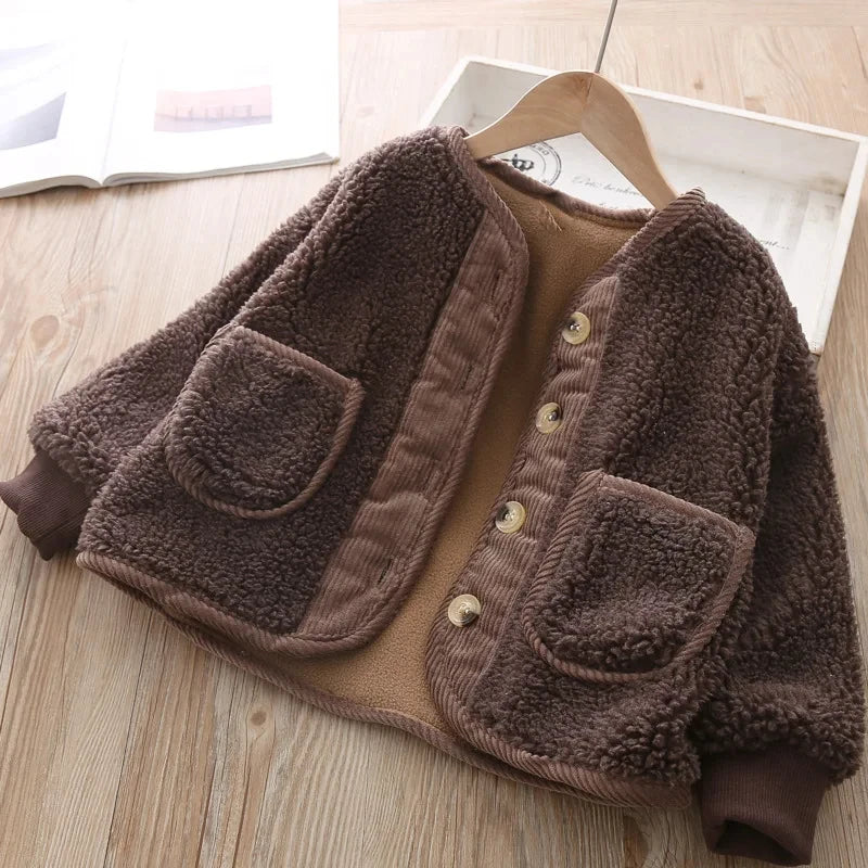 2026Korean Boys Fall Winter Clothes For Girls Velvet Loose Lamb Velvet Warm Children's Jacket Coat For Girls 0-5-year-old