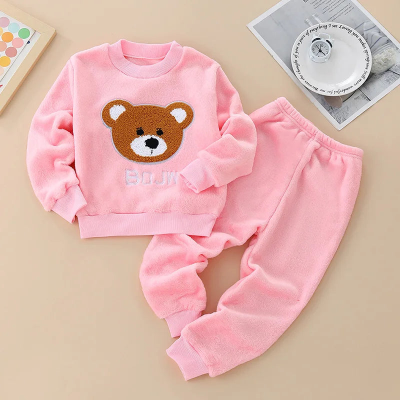 2026 Kids Flannel Pajamas 2Pcs/Sets Thickened Warm Print Baby Homewear Soft Coral Fleece Boys Girls Sleepwear Winter Loungewear