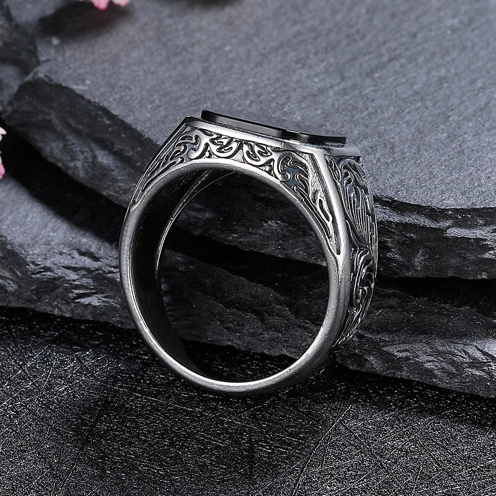 Men‘s Black Onyx Ring, 12x14mm Square Gem Carved Vintage Sterling Silver Band, Bold Gothic Statement Jewelry Gift for Him