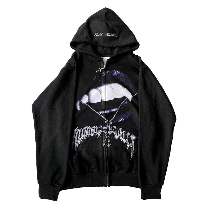 High Street Punk Hip Hop Pullover Hoodie Unisex Rock Streetwear American Fashion Loose Casual Y2K Zipper Retro Gothic Sweatshirt