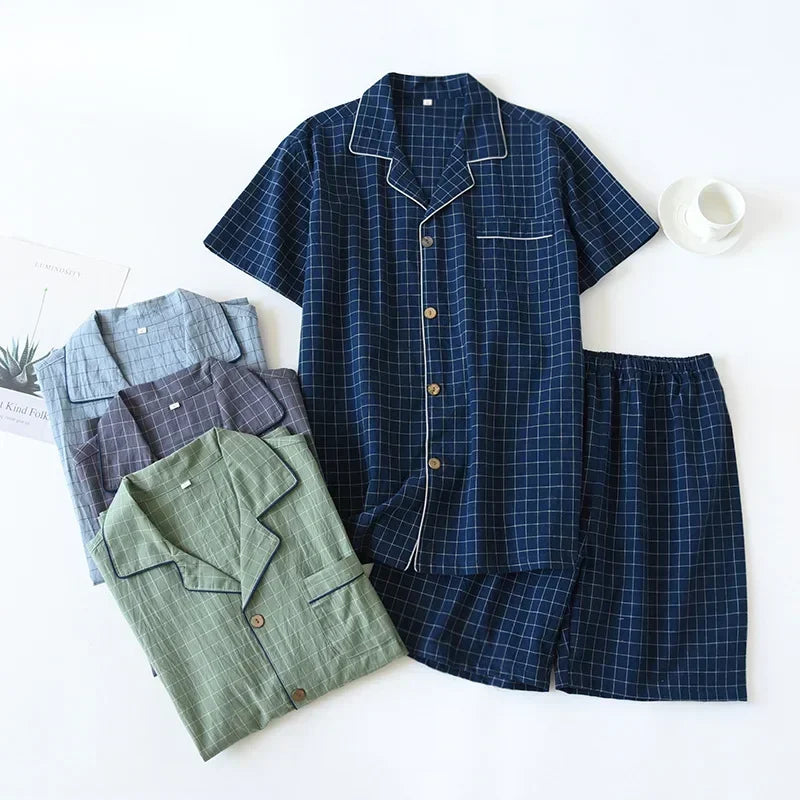 New 2024 Men's Summer Pajamas Sets Thin Short Sleeve Shorts Soft Cotton Japanese Plaid Home Service Suit Pantalon Pijama Hombre