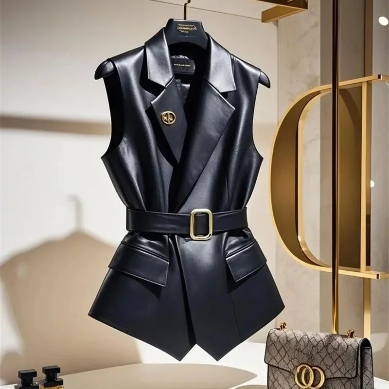 Black PU Leather Vest Coat Women Fashion Belt Brooch Sleeveless Waistcoat Jacket Spring Autumn Layered Tank Tops High End Ladies