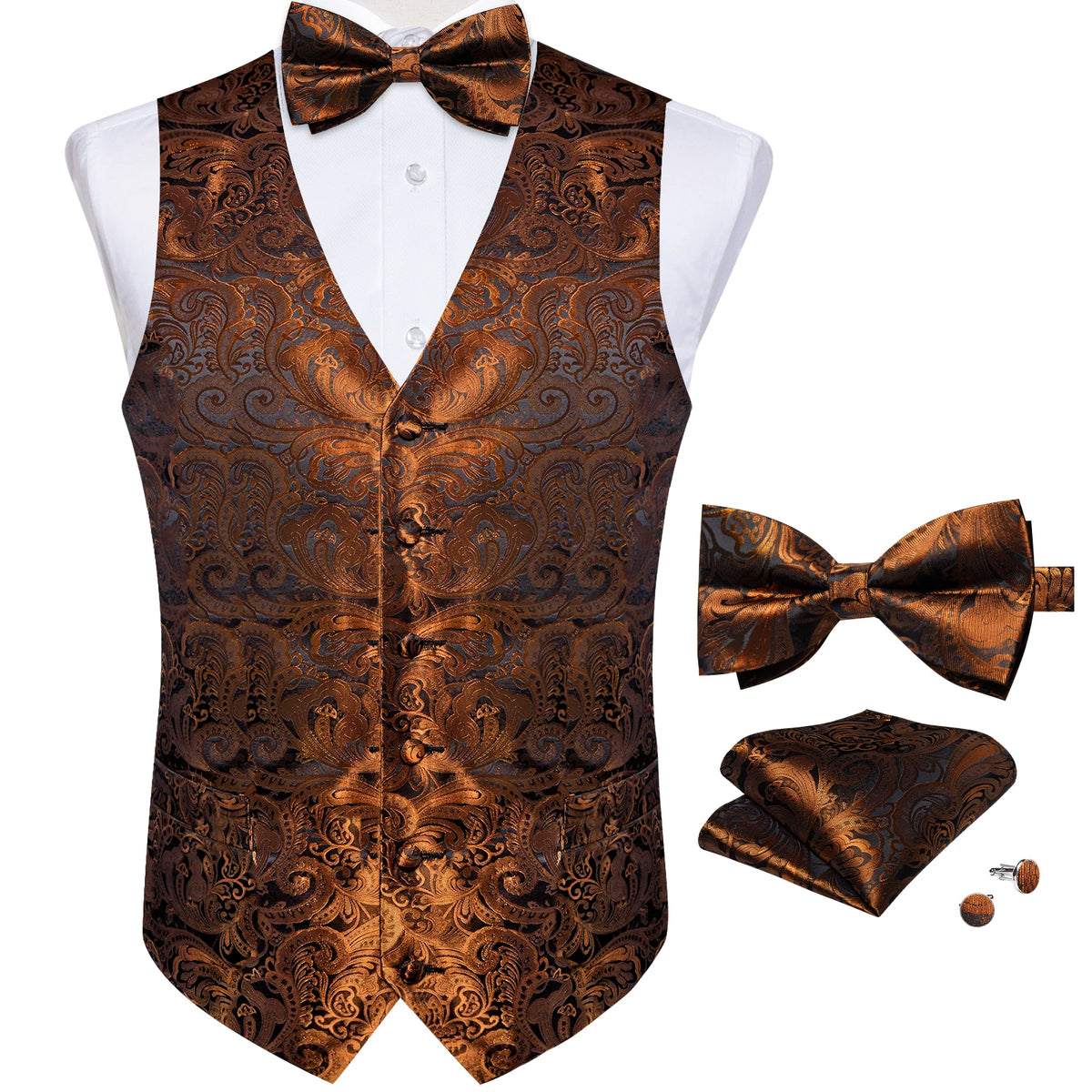 Wedding Classic Red Paisley Dress Vest for Man Fashion V-neck Luxury Men's Business Waistcoat Bowtie Pocket Square Cufflinks Set