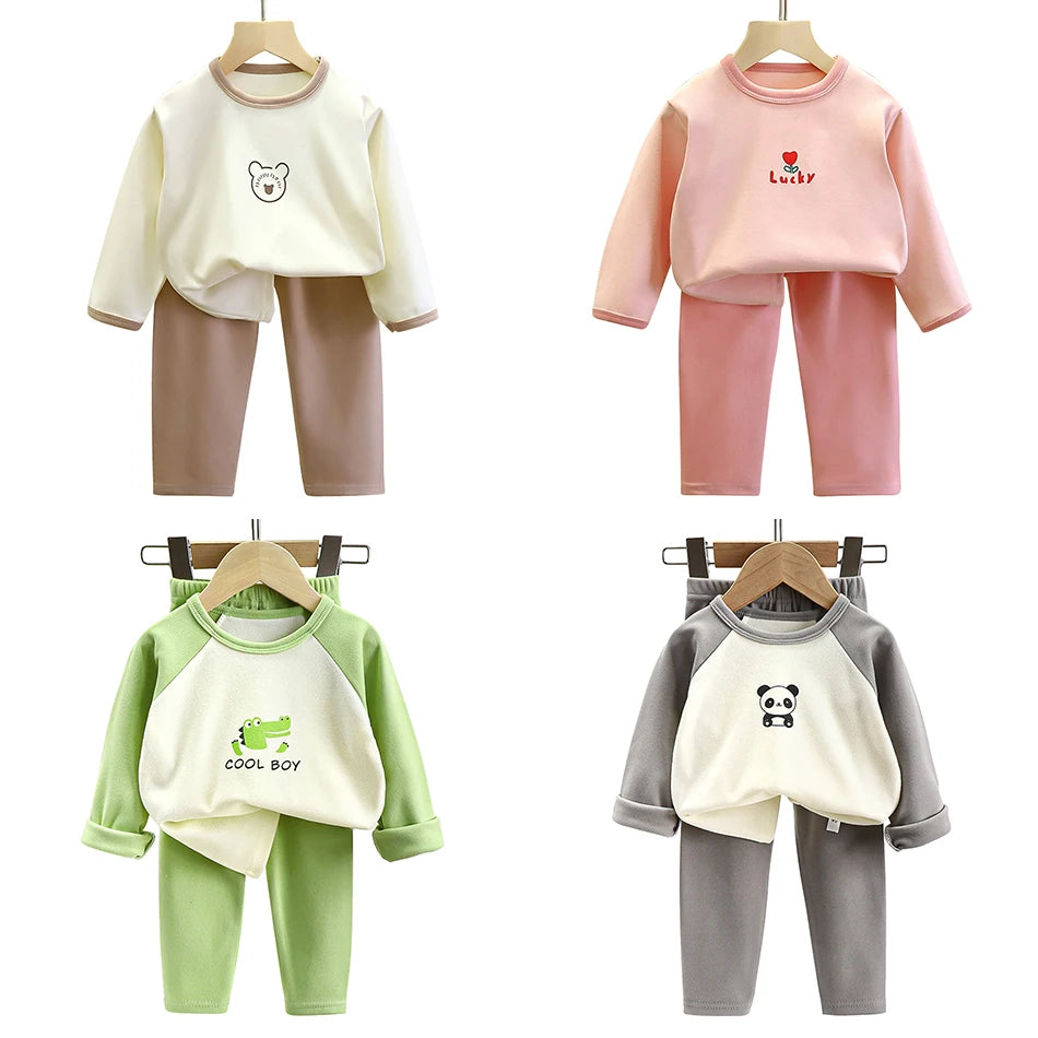 Boys Girls Warm Lined Children Sleepwear Autumn Winter Soft Fleece Pajamas Set Kids Comfortable and Cozy Homewear Outfit Clothes