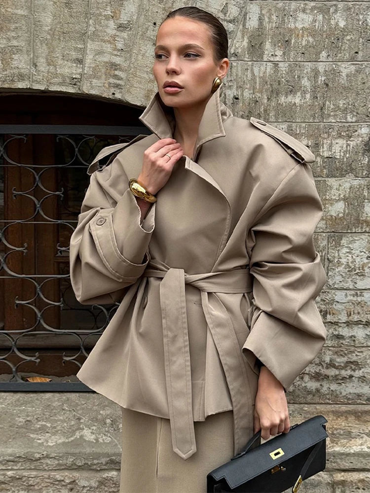 Fashion Lace up Cropped Trench Coat Women Lapel Long Sleeves Wide Shoulder Windbreaker Jacket Fall Commuting Daily Jackets 2026