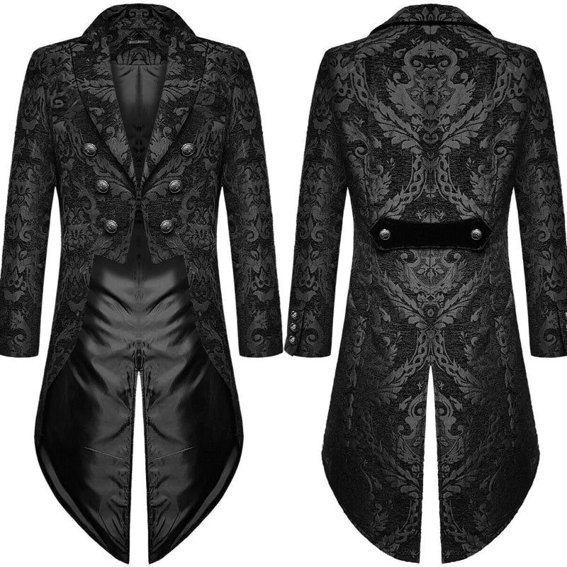 2026 Fashion Gold Jacquard Elegant Tuxedo for Men,Black Gothic Vintage Men's Tailcoat,Holiday Party Stage Performance Men Jacket