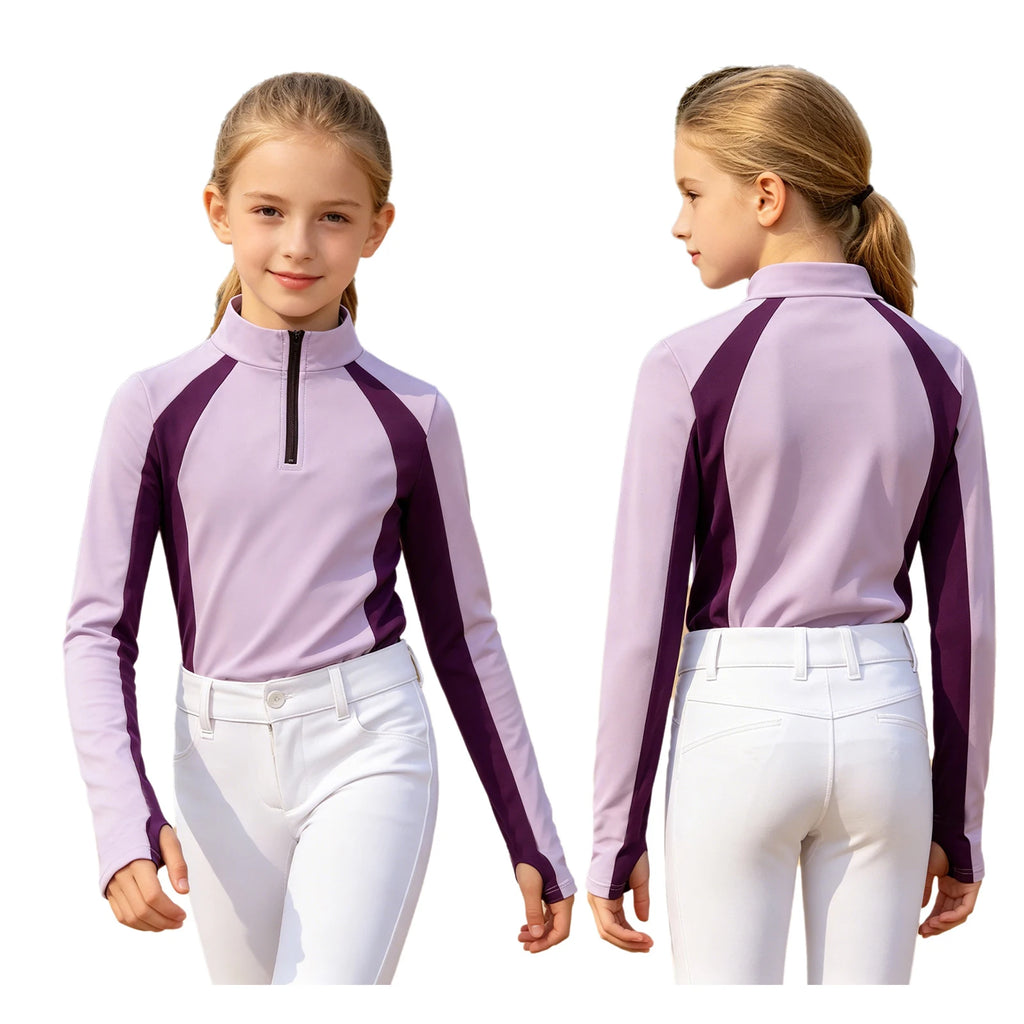 Kids Girls Horse Riding Sports Shirts Top Long Sleeve Buttons Contrast Color Shirt Equestrian Clothing Golf Workout Activewear
