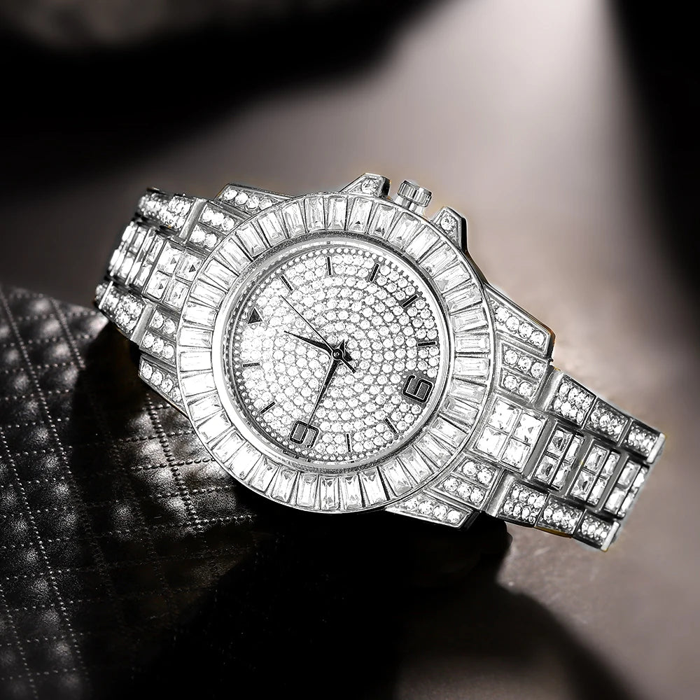 Hip Hop Men's Watch Jewelry Gift Set Glitter Silver Quartz Watch with Cross Pendant Necklace Street Punk Luxury Party Accessory