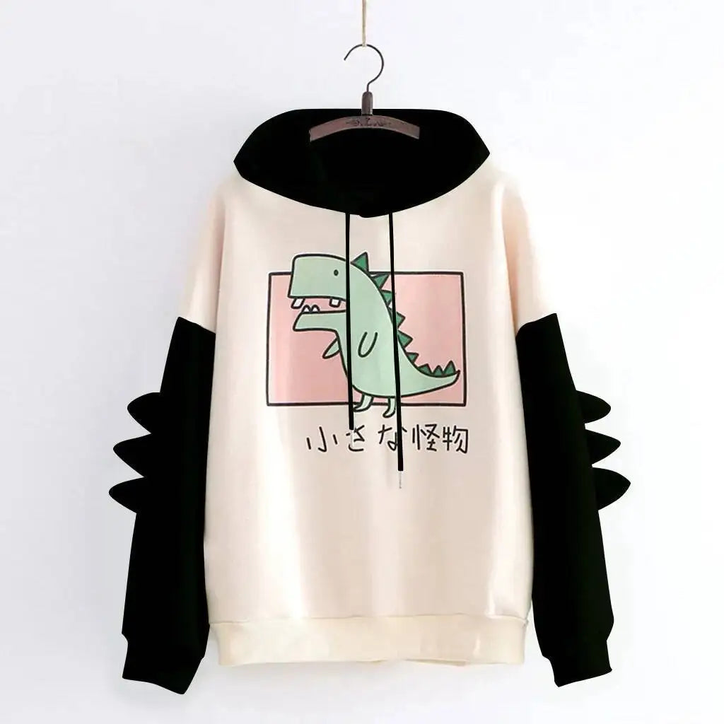 Y2K Style Women Dinosaur Hoodies Cute Horns Hooded Sweatshirts Autumn Winter Hawaii Pullovers Halloween Teenager Matching Wear