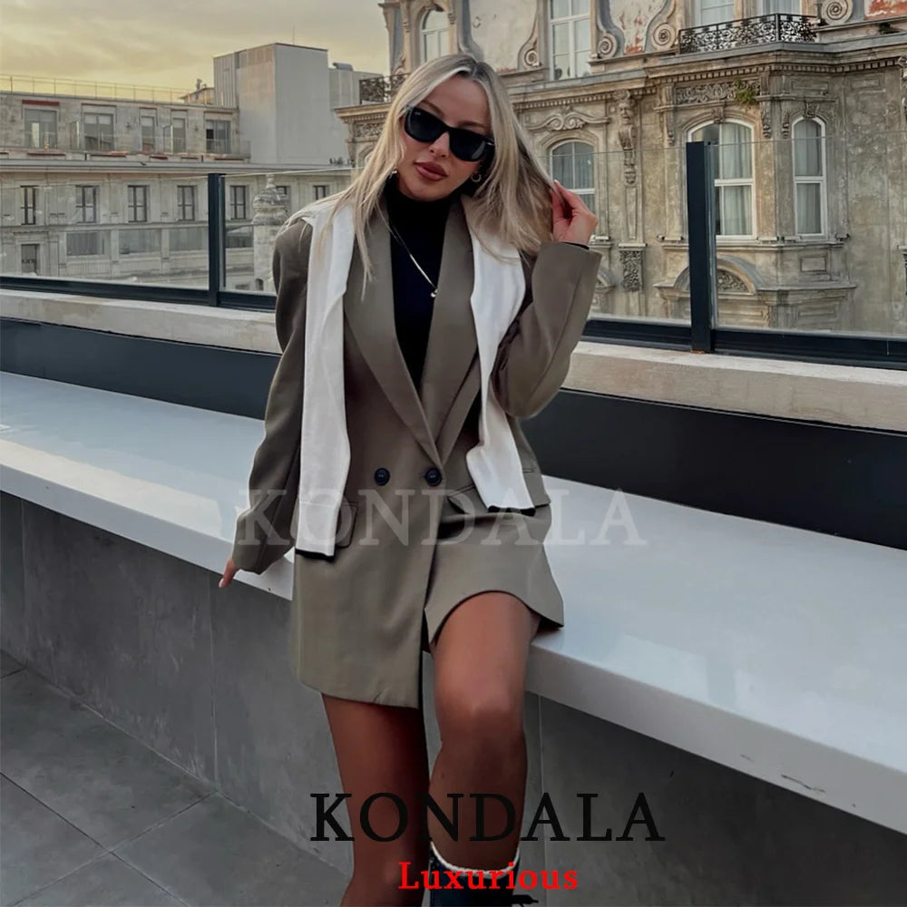 KONDALA Vintage Office Lady Chic Blazer Women V Neck Long Sleeve Pockets Loose Jacket Fashion 2026 Spring Summer Elegant Outwear