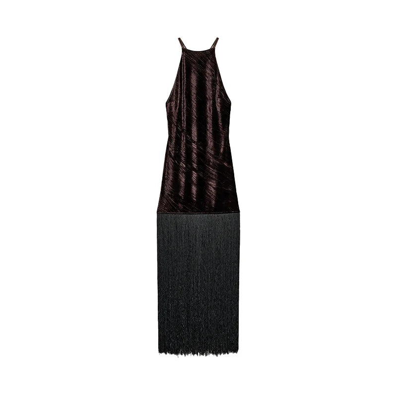 Sexy Velvet Tassels Long Dress Women Halter Sleeveless Hollow Out Backless Vestidos Female Chic Party Evening Robe 2026