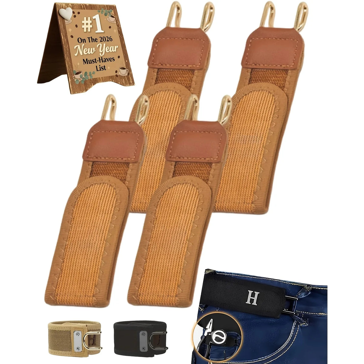 Four Men'S Belts, No-Buckle Belt with Hooks, Tactical Metal Hook Elastic Belt, an Adjustable Magic Tape No-Buckle Belt for Men