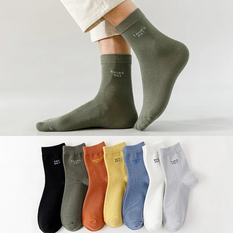 7 Pairs Fashion Mens Socks Combed Cotton Solid Color Business Socks For Man British Style Multi-colored Week Socks For Men Dress