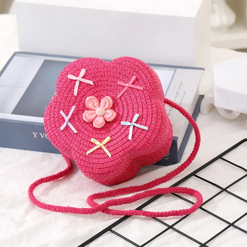 Cute Summer Children Girls Shoulder Bag Flower Bow Handmade Straw Baby Bags Messenger Bag Kids Keys Coin Purse Cute Mini Handbag