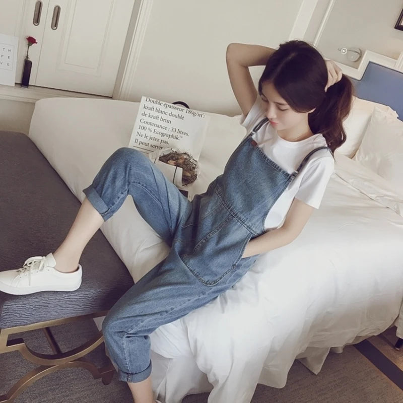 Summer Thin Denim Overalls Women's Loose High Waist Multi Pocket Worn out Washed Light Blue Nine Points Overalls Spring Autumn